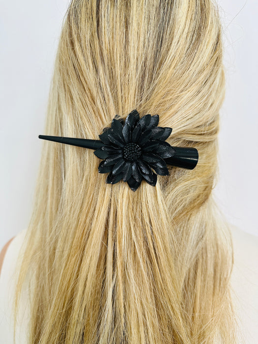 Flower Leather Hair Clip Large  - Black