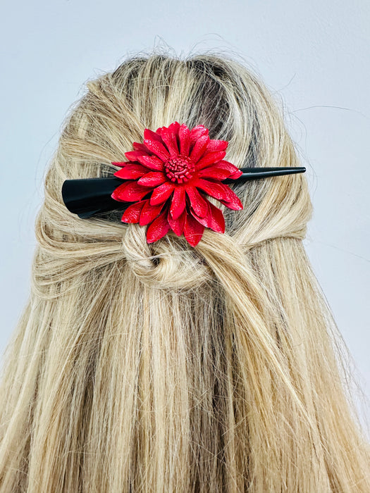 Flower Leather Hair Clip Large  -Red