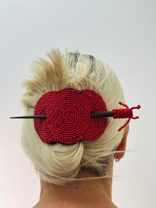 Beaded three circle Hair Barrette - Red