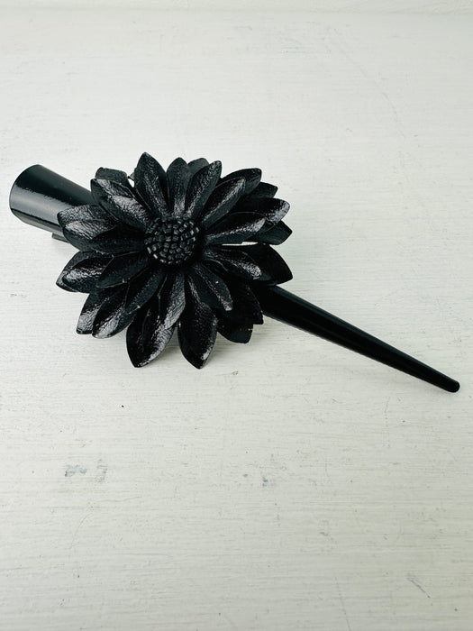 Flower Leather Hair Clip Large  - Black