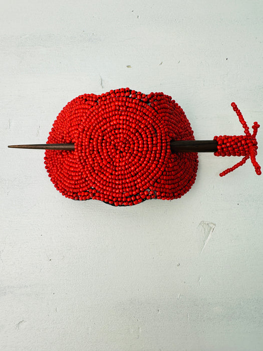 Beaded three circle Hair Barrette - Red