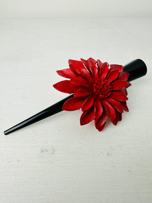 Flower Leather Hair Clip Large  -Red