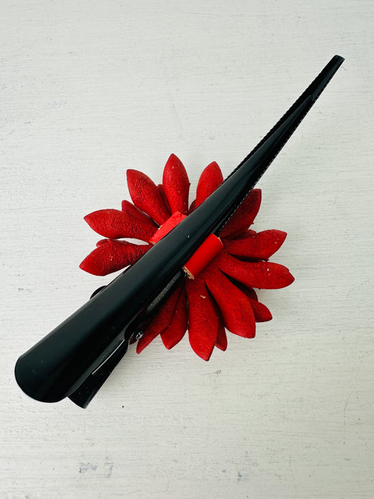 Flower Leather Hair Clip Large  -Red