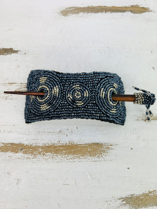 Beaded Hair Barrette - Bow - Midnight & Clear